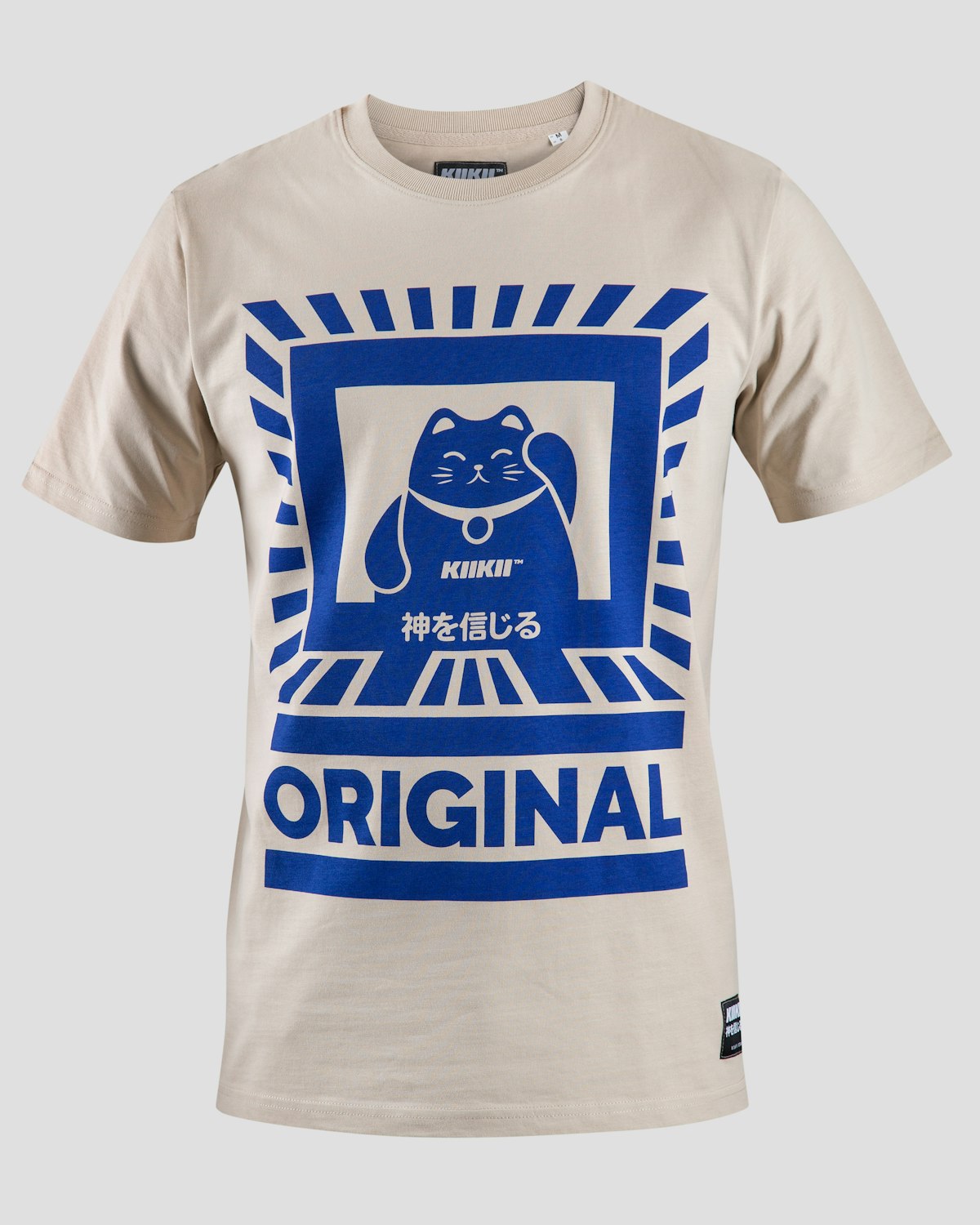A relaxed-fit graphic t-shirt with a lucky-cat print, worn as a product shot
